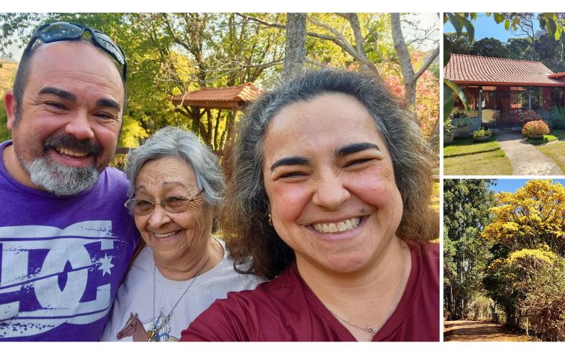 A collage featuring Roger Magalhaes on vacation with his sister and mother. The images include a beautiful house where they stayed, and a stunning yellow tree.