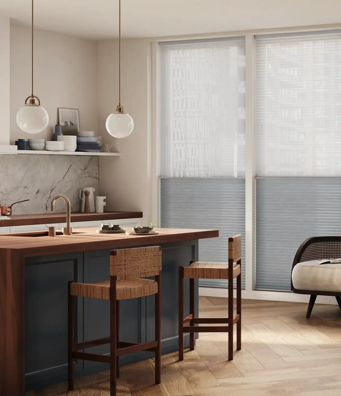 Kitchen with floor to ceiling window coverings