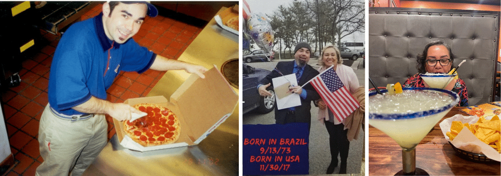 Collage featuring Roger Magalhaes, window treatment installer, packaging a pizza, holding a USA flag, and enjoying margaritas with Ana Magalhaes