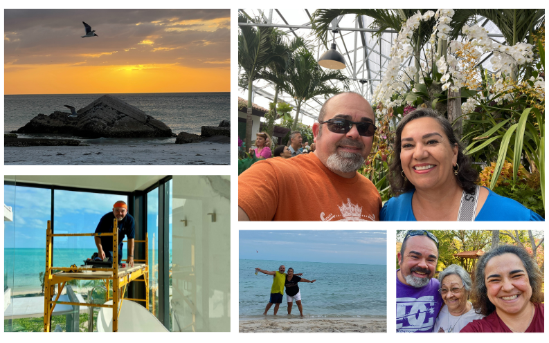 A collage of photos featuring Roger Magalhaes with his family, showcasing moments of gratitude, resilience, and installation projects in various locations.