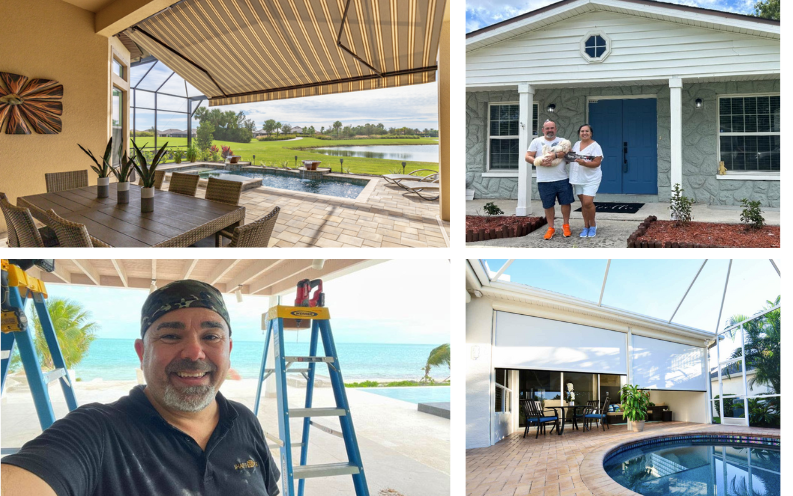 Collage featuring outdoor shades, Roger's selfie at the Turks and Caicos project, and Roger and his wife in front of their new home, celebrating Shades In Place.