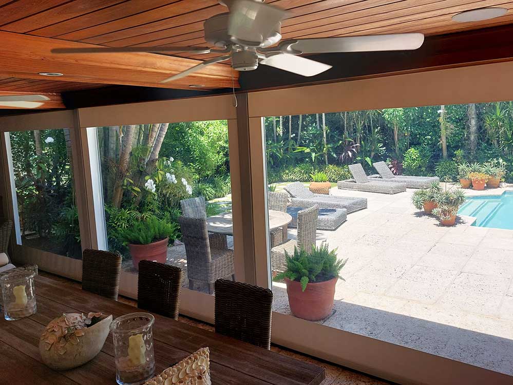 Wooden Vinyl screen with pool in background